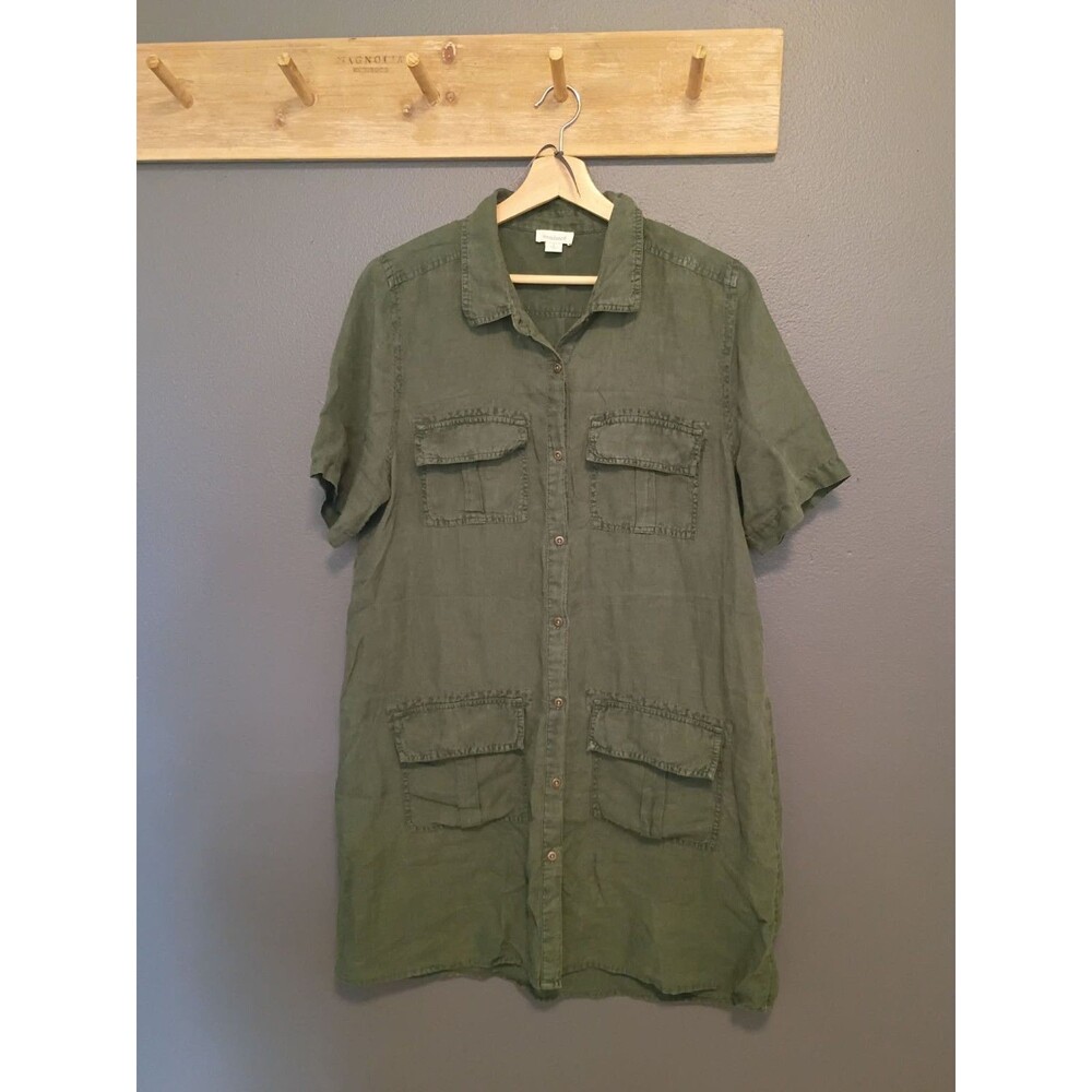 Sundance 100% LInen Shirt Dress Wmn's Sz. Lg. Button Front Utility Pocket Green